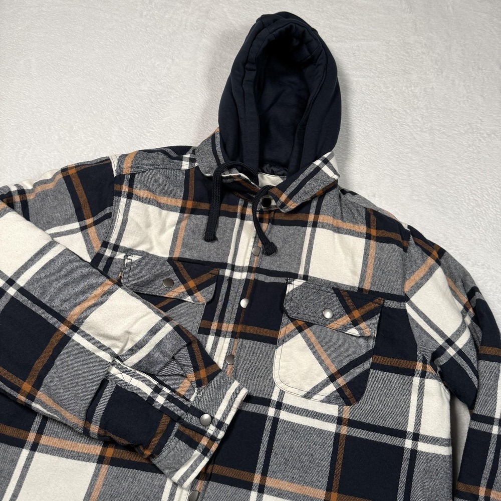 Cloudveil Shirt Jacket Mens‎ XL Blue Plaid Quilted Flannel Hooded Snap Front